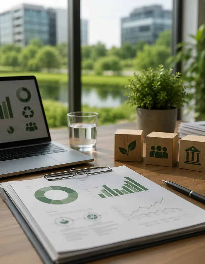 Sustainability report with ESG charts on a desk beside a laptop