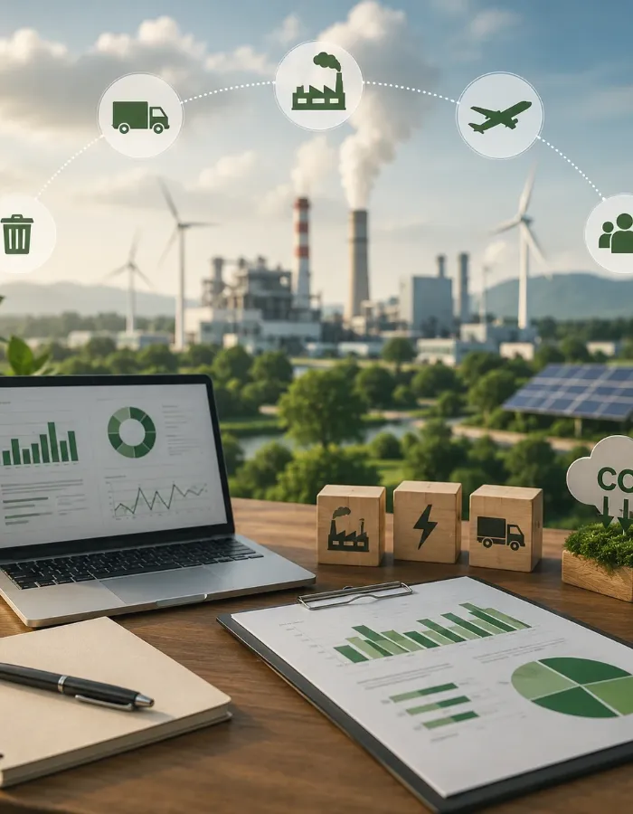 Emissions dashboard on a laptop with a factory and wind turbines behind
