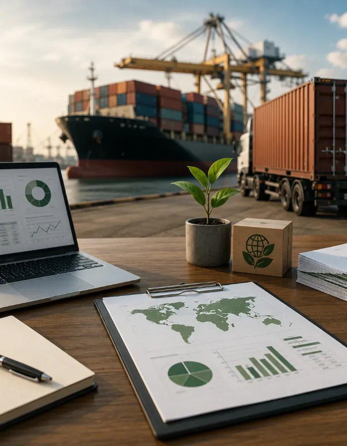 Export containers, a cargo ship and a trade emissions report on a desk