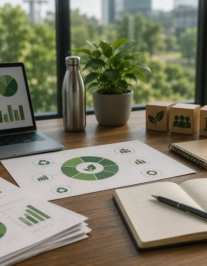 ESG strategy documents, charts and notebooks on a desk