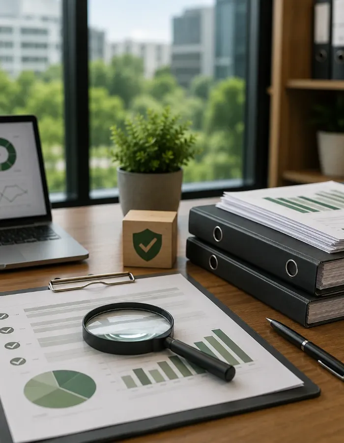 Green finance report and charts on a desk overlooking a city