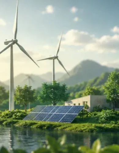 Wind turbines and solar panels beside a low-carbon building